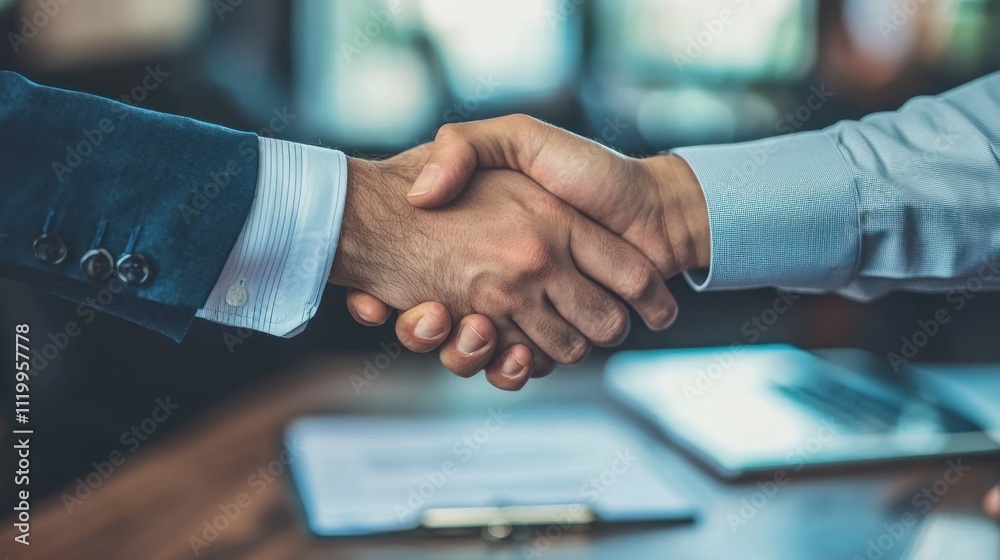 Two business professionals shaking hands after finalizing a deal or agreement in a modern office setting