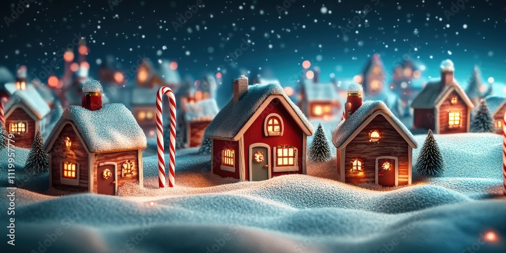 Stunning 3D Render of a Magical Christmas Village Filled with Cozy Houses, Candy Canes, Glowing Windows, and a Serene Snowy Landscape at Night