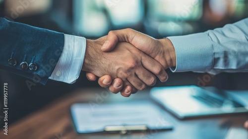 Obraz na płótnie Two business professionals shaking hands after finalizing a deal or agreement in a modern office setting w salonie