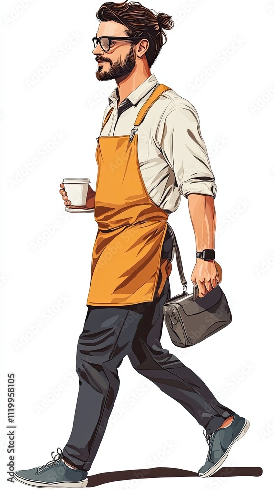 A stylish barista walks with coffee and bag A stylish barista walks with coffee and bag