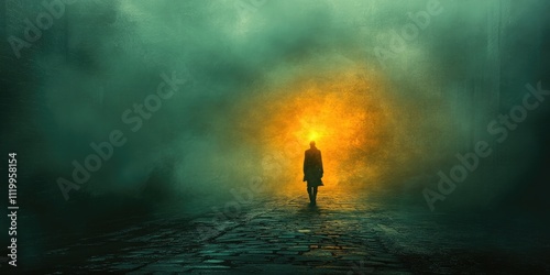 Mysterious figure in foggy alley illuminated by glowing light