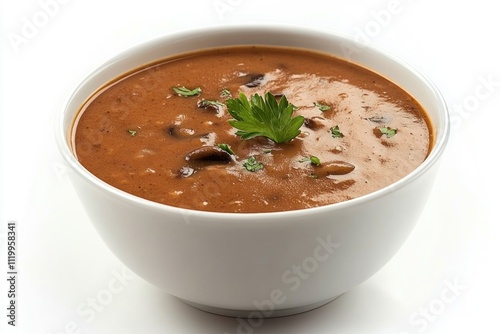 A bowl of rich, hearty soup garnished with fresh herbs.