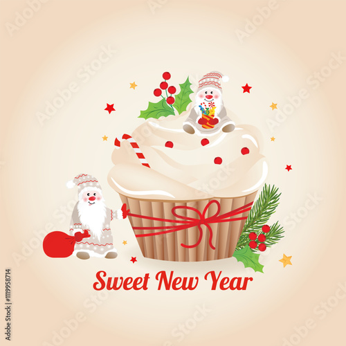 New year delicious cupcake with whipped cream and cute cnomes. Vector greeting card in cartoon style.