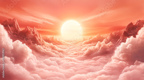 A beautiful pink sky with a large sun and mountains in the background