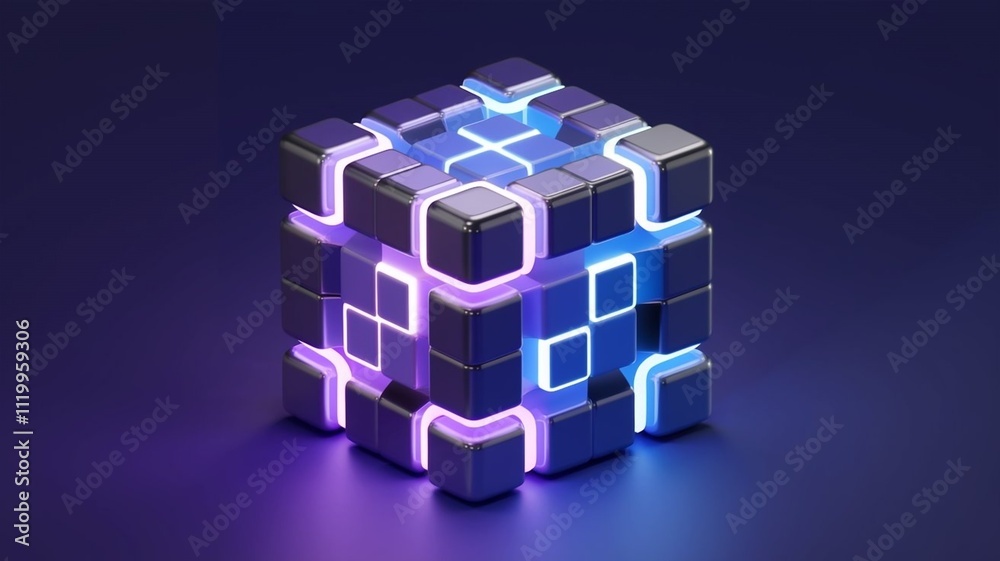 futuristic wireframe cube, glowing neon lights, low poly design, purple and blue hues, 3D geometric shapes, dark background, digital art, abstract, high-tech illustration futuristic wireframe cube, glowing neon lights, low poly design, purple and blue hues, 3D geometric shapes, dark background, digital art, abstract, high-tech illustration