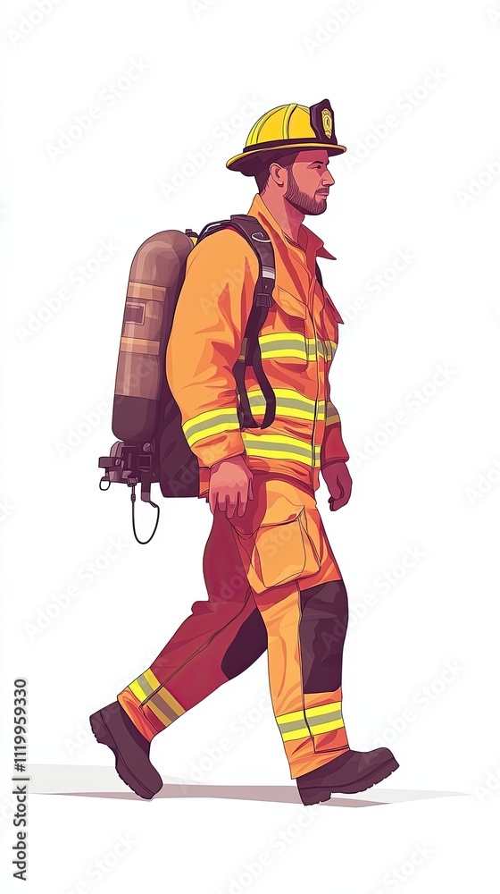 Firefighter Walking With Oxygen Tank And Gear Firefighter Walking With Oxygen Tank And Gear