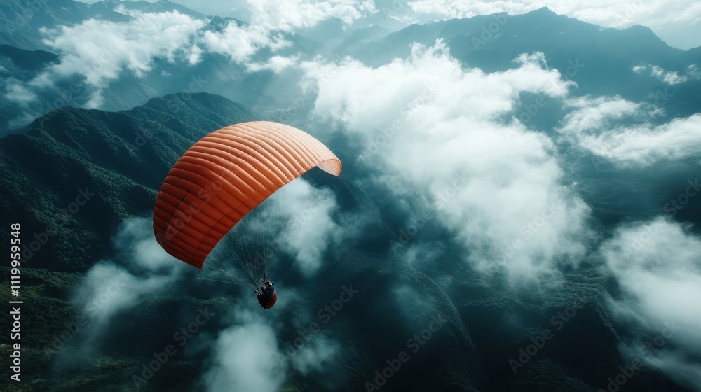 Obraz premium An exhilarating view of an orange paraglider navigating through a sprawling, cloudy mountain range, capturing the spirit of adventure and the thrill of heights.