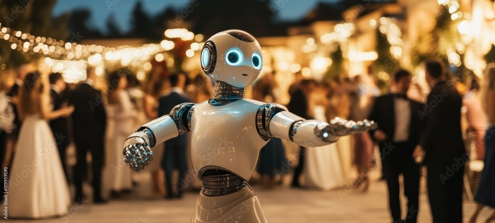 A Futuristic Dance: Robot at a Nighttime Party A Futuristic Dance: Robot at a Nighttime Party