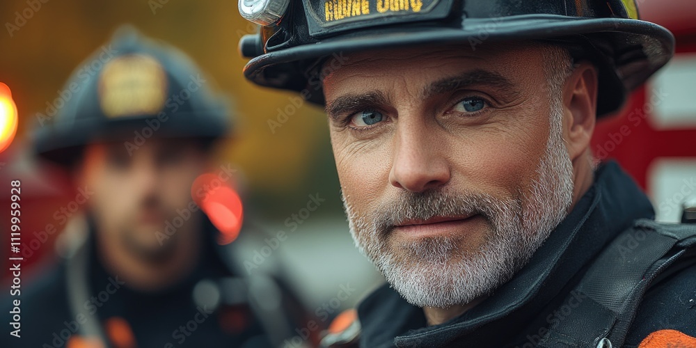 Caucasian male firefighter with beard and crew in action Caucasian male firefighter with beard and crew in action