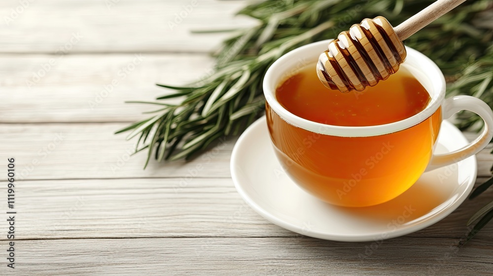 Warm herbal tea crafted from fresh mint leaves sits alongside a jar of honey on a white wooden table, promoting wellness and relaxation Warm herbal tea crafted from fresh mint leaves sits alongside a jar of honey on a white wooden table, promoting wellness and relaxation
