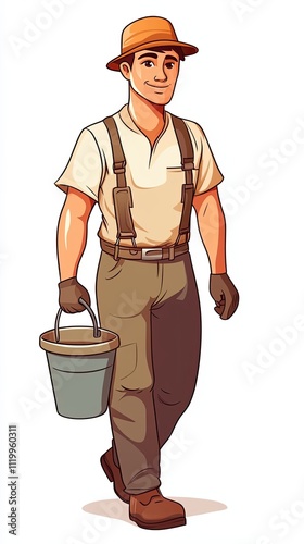 A Cartoon Farmer Carries A Bucket While Walking photo