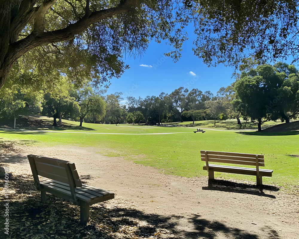 A peaceful park scene with benches overlooking a grassy area under clear blue skies. A peaceful park scene with benches overlooking a grassy area under clear blue skies.