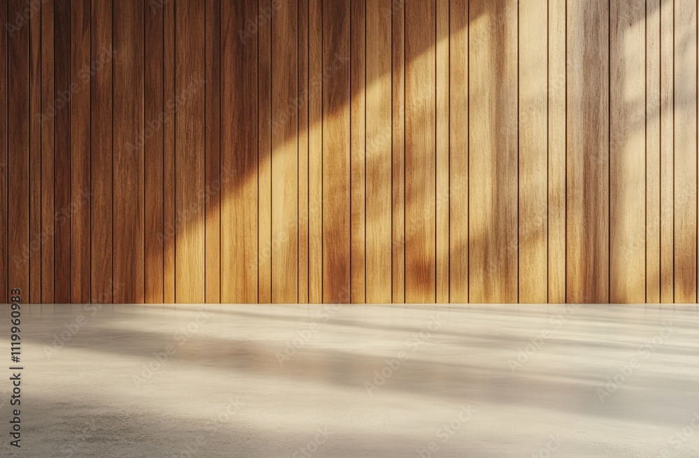 A wooden wall with light and shadow cast on a smooth floor, creating a serene atmosphere.