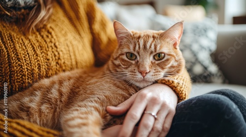 A person affectionately petting their cat while sitting on the sofa, with a warm and cozy living room background