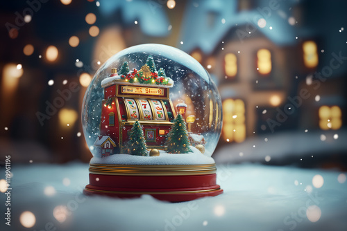 Weihnachtliche Schneekugel mit Spielautomaten/Slots, erstellt mit generativer KI
