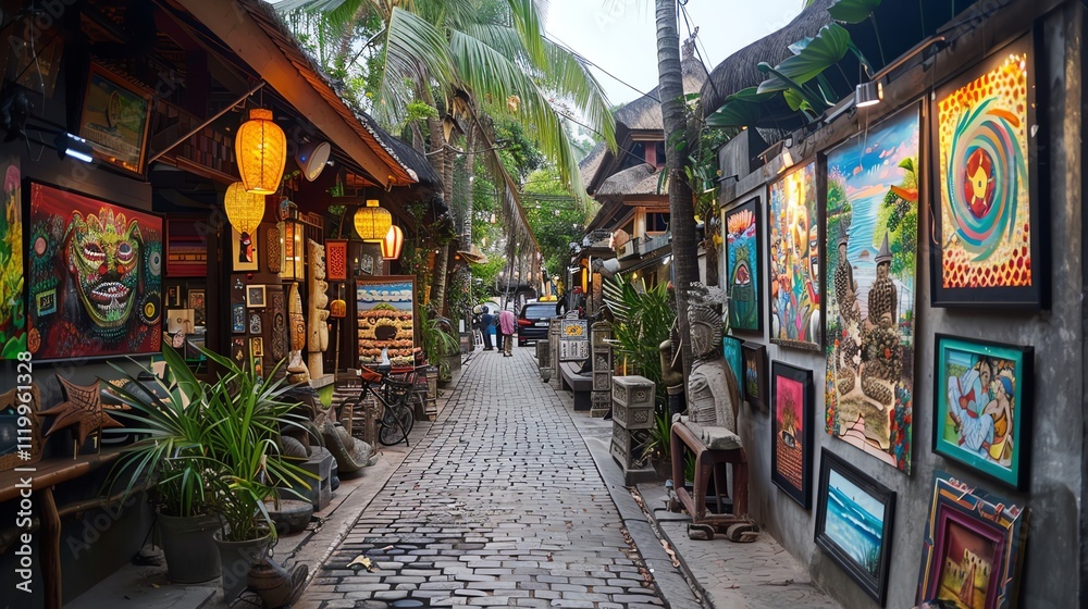 Naklejka premium Cobblestone street lined with art galleries and shops.