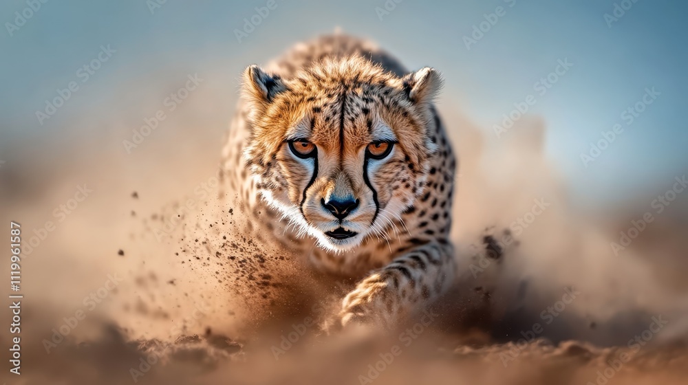 Obraz premium In this action-packed wildlife image, a cheetah runs with fierce determination across a vast open terrain, embodying unparalleled speed and agility in nature.