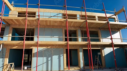 Wooden House Construction with Scaffolding and Framing Under Clear Blue Sky

 photo