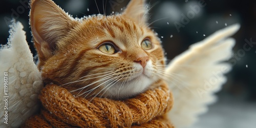Ginger cat with wings and knitted scarf in snowy winter scene