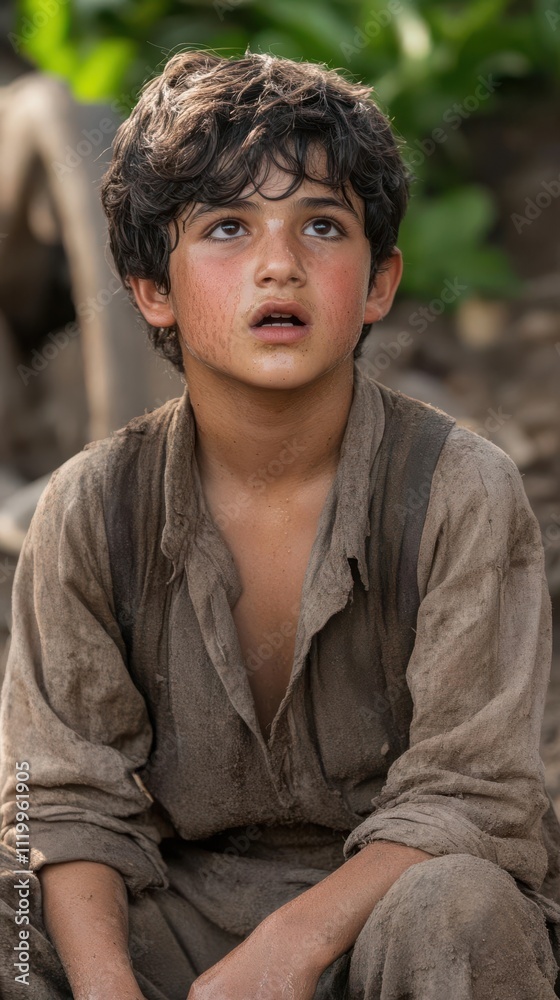 A young boy with tousled hair, wearing a dirty shirt, gazes upward with a thoughtful expression. A young boy with tousled hair, wearing a dirty shirt, gazes upward with a thoughtful expression.