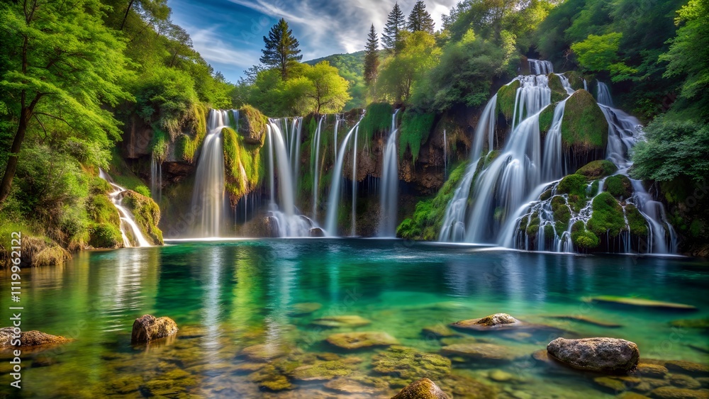 Fototapeta premium Cascading Splendor: Tranquil Forest Waterfalls in the Wilderness