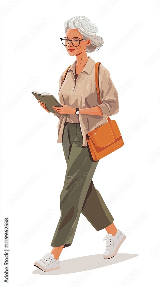 Stylish Elderly Woman Walking With Book and Bag Stylish Elderly Woman Walking With Book and Bag