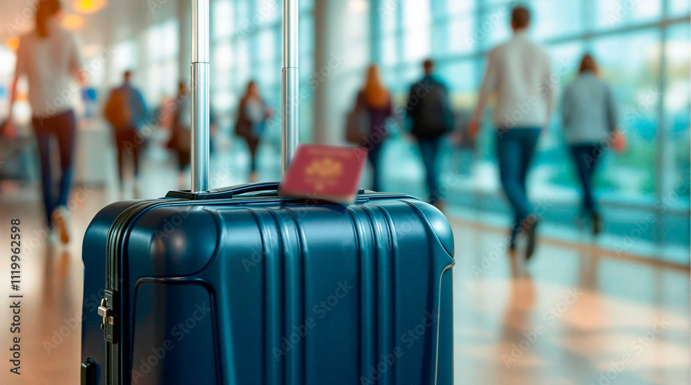 Travel suitcase with passport in airport setting and blurred passengers walking by Travel suitcase with passport in airport setting and blurred passengers walking by