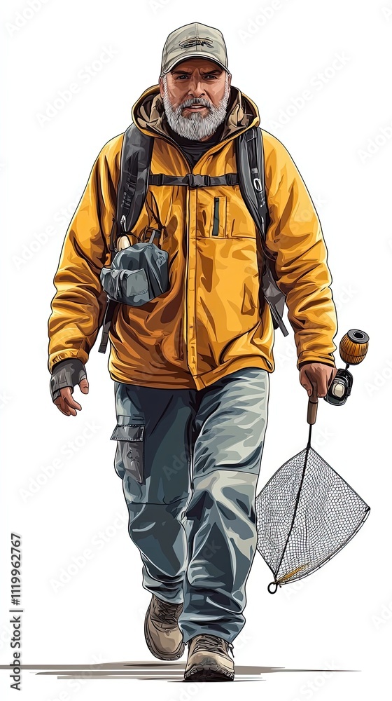 A Bearded Fisherman Walks Carrying Gear and Net A Bearded Fisherman Walks Carrying Gear and Net