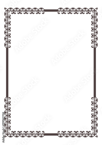 Monochrome rectangular Vertical Islamic Asian Kazakh national ornament frame. A4. For Award, textile, print design, embroidery, sandblaster, Kazakh pattern frame, border, decorative ornament. Vector