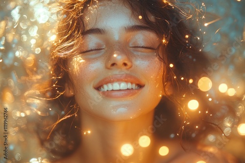 Blissful young female with sparkling lights and radiant smile
