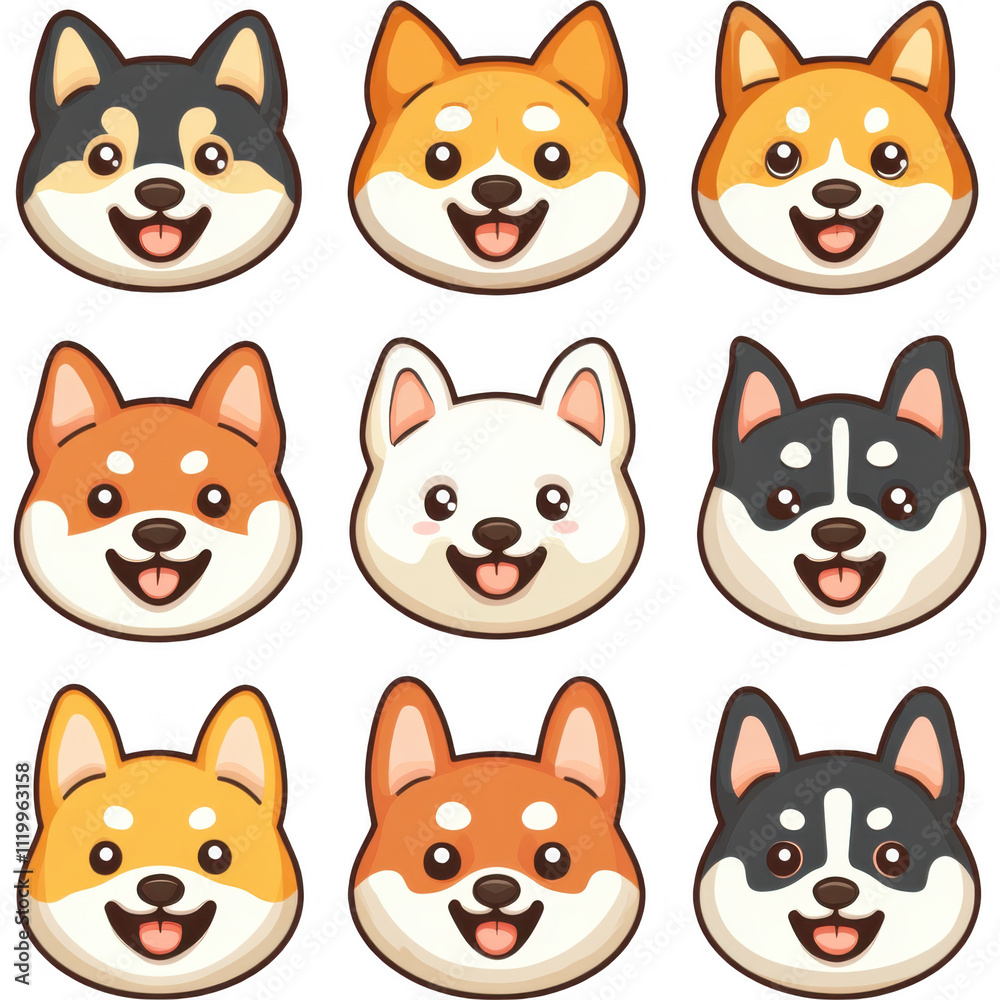 Cute Cartoon Shiba Inu Avatars Set - Diverse Expressions and Fur Patterns Cute Cartoon Shiba Inu Avatars Set - Diverse Expressions and Fur Patterns