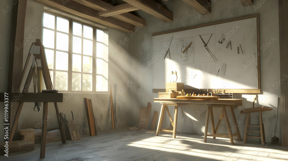 A sunlit workshop filled with tools and wood, ideal for crafting and woodworking projects. A sunlit workshop filled with tools and wood, ideal for crafting and woodworking projects.