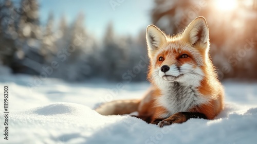 A tranquil red fox lies in a snowy landscape, bathed in warm sunlight, presenting a scene of calm and serenity amidst a winter wonderland of beauty. photo