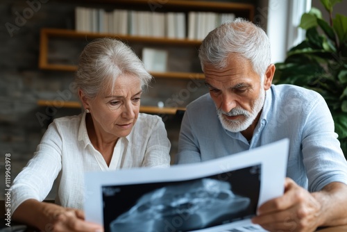 An elderly couple closely examining x-ray images, representing the importance of support and shared understanding during medical consultations in senior life.