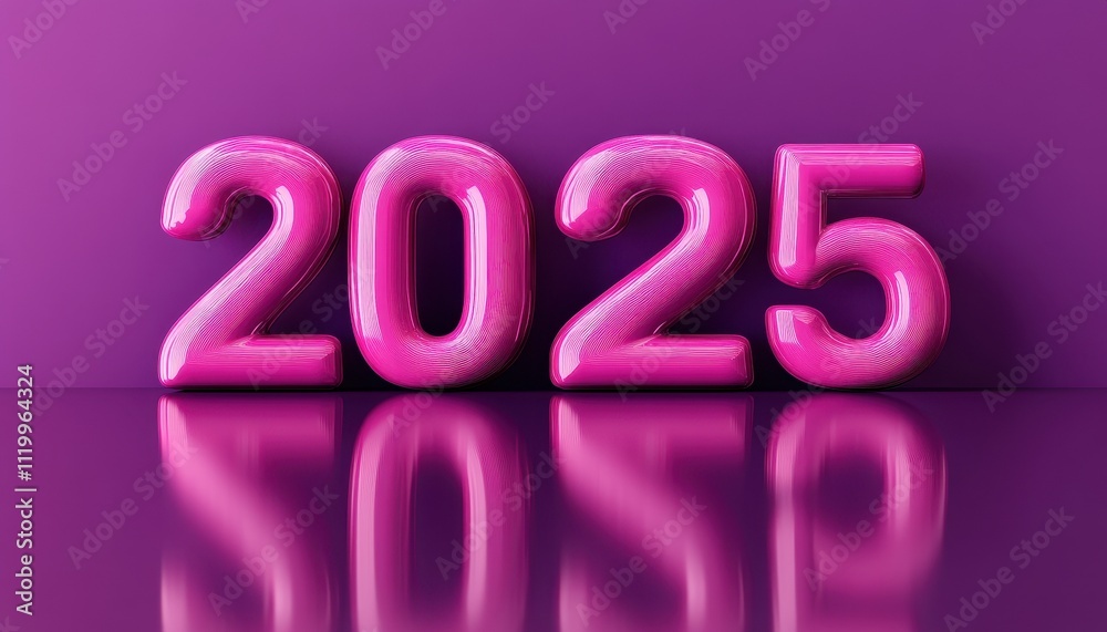 Pink glossy numerals represent the year two thousand twenty five Pink glossy numerals represent the year two thousand twenty five