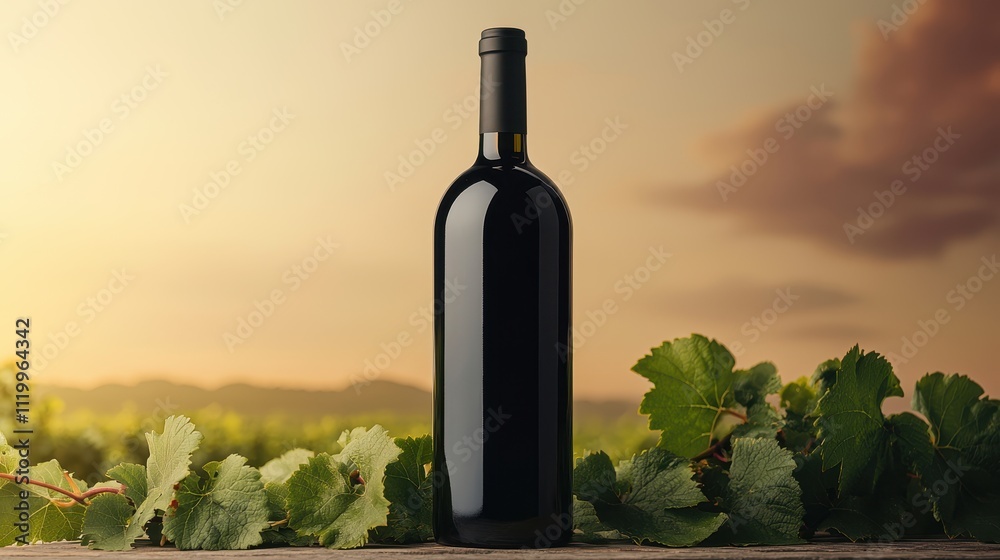 Fototapeta premium Elegant Wine Mockup in Vineyard at Sunset Advertising Visuals for Marketing Ideas
