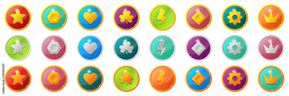 set of gaming coins design element. colorful Gold, silver, bronze ranking medal coins. lightning bolt icon for video game UI or app animation. reward and cash treasure concept for casino set of gaming coins design element. colorful Gold, silver, bronze ranking medal coins. lightning bolt icon for video game UI or app animation. reward and cash treasure concept for casino