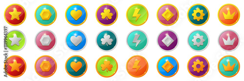 set of gaming coins design element. colorful Gold, silver, bronze ranking medal coins. lightning bolt icon for video game UI or app animation. reward and cash treasure concept for casino