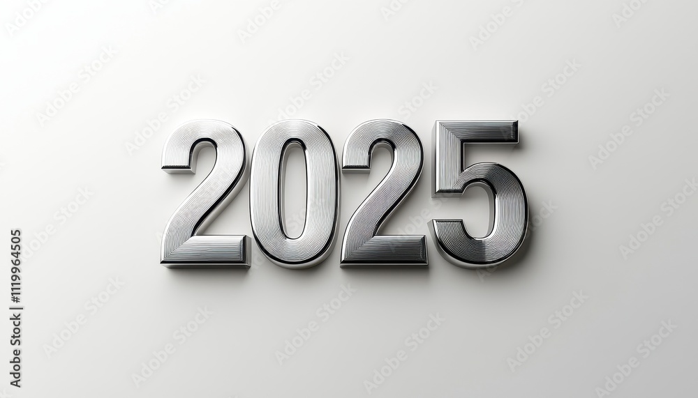 Silver metallic numerals represent the year two thousand twenty five Silver metallic numerals represent the year two thousand twenty five