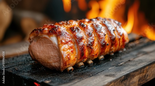 A succulent grilled pork roast sizzling over an open flame, showcasing a perfect balance of crispy skin and tender meat, ideal for a gourmet barbecue feast. photo