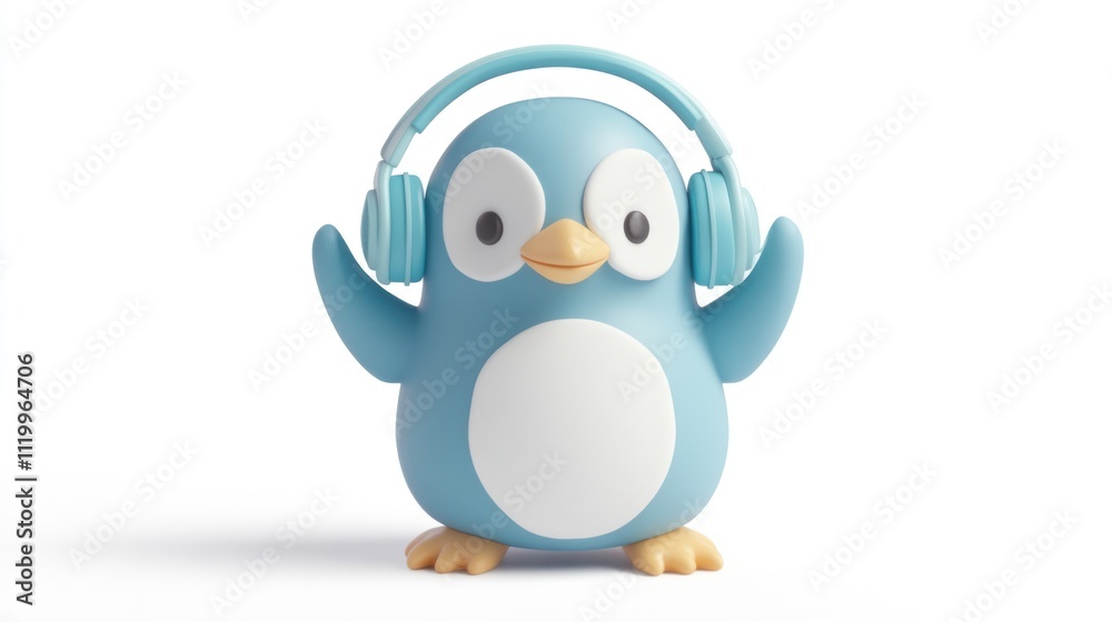 A cute blue penguin figurine wearing headphones, suggesting a playful and musical theme.