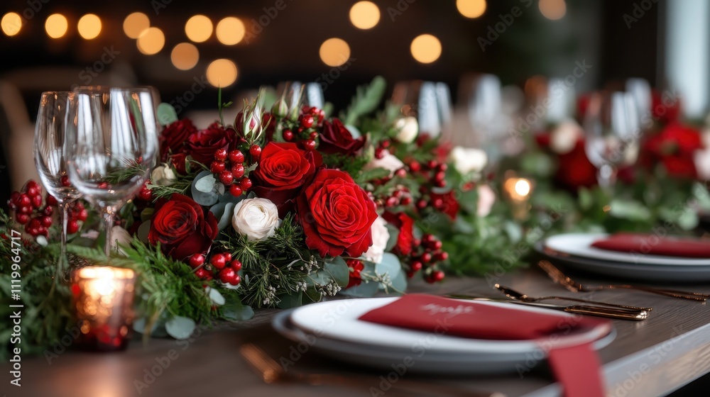 This image captures a holiday dining table with a lush red centerpiece surrounded by fine glassware and tableware, creating a festive and warm atmosphere. This image captures a holiday dining table with a lush red centerpiece surrounded by fine glassware and tableware, creating a festive and warm atmosphere.