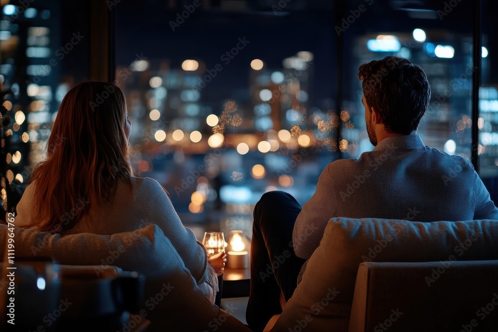 A couple enjoying a cozy evening together while overlooking a beautifully lit city skyline at night, creating an intimate and serene atmosphere. A couple enjoying a cozy evening together while overlooking a beautifully lit city skyline at night, creating an intimate and serene atmosphere.