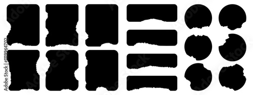 Set of torn paper, uneven rectangle with rounded edges and circles, ripped paper frames, vector illustration