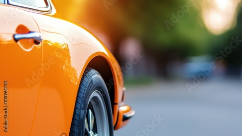 Car body work in bright orange color showcasing sleek design on a sunny street