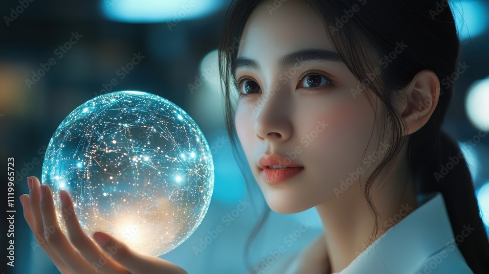 Naklejka premium A woman is holding a glowing orb in her hand. Generative AI