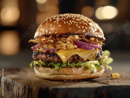 cheeseburger, beef patty, melted cheese, crispy onions, sesame seed bun, rustic board, fresh lettuce, red onions, toasted bun, fast food, gourmet, culinary, delicious, appetizing, food photography, bo photo