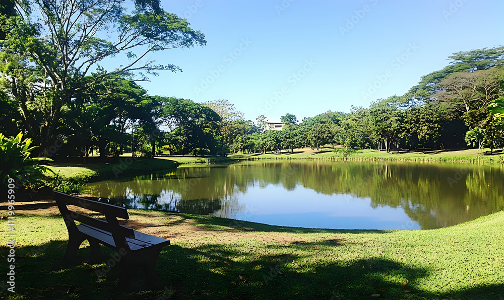 A serene park scene featuring a calm pond surrounded by lush greenery and a wooden bench. A serene park scene featuring a calm pond surrounded by lush greenery and a wooden bench.