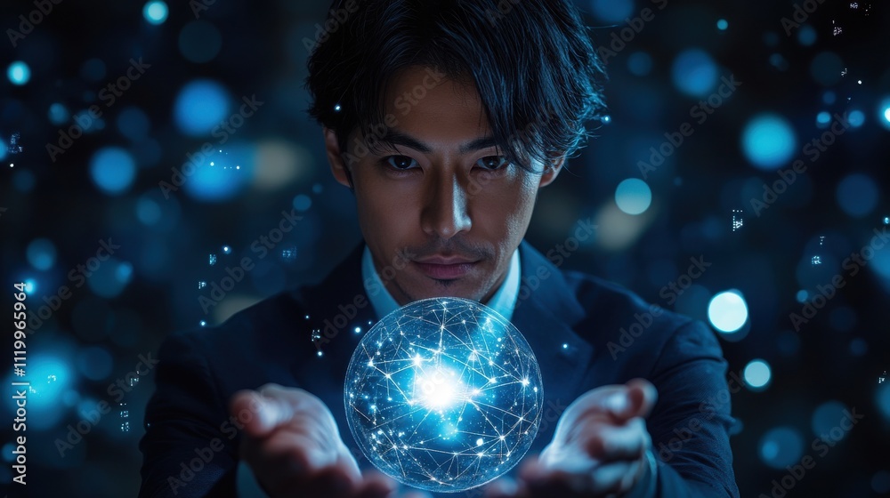 Naklejka premium A man is holding a glowing sphere in his hand. Generative AI