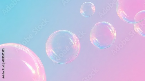 Soft Pink and Transparent Soap Bubbles on Blue Background: Dreamy and Playful Design.